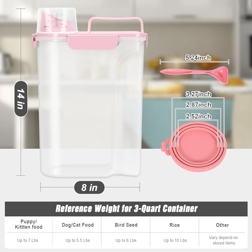 Pet Dog Cat Food Storage Container 5 to 7 lbs with Can Cover and Mixing Spoon, Airtight Pet Food Storage Dispenser with Large Spout & Measuring Cup for Kibble Dog Treat Bird Seed Container -Pink - color: Pink 6Qt