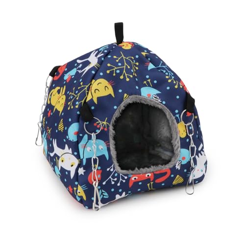 Wontee Bird Plush Hammock Parrot Hanging Snuggle Cave Happy Hut Tent for Parakeet Cockatiel Conure Lovebird Budgie Hamster Gerbil Rat Chinchilla Squirrel Cage (M, Blue Cat) - color: Blue Cat, size: M