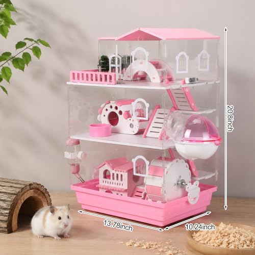 Eccliy 15 in 1 Clear 3-Layer Acrylic Hamster Cage with All Accessories, 20 x 13.7 x 10 Inch Dwarf Hamster House, Magnetic Connection Small Pet Enclosure, Garden Style Mouse Cage for Pet Mice - color: Pink
