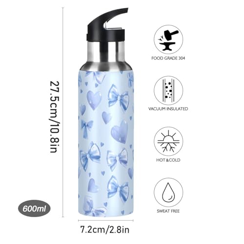 Light Blue Bows Hearts Water Bottle Kids Insulated Sports Vacuum Stainless Steel Mug with Straw Lid & Handle 20 oz - color: C2979