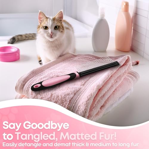 Flexzion Metal Pet Comb for Cats & Dogs - Sturdy Stainless Steel Rounded Teeth with Non-Slip Soft Grip Handle Easy to Use Grooming Detangling Cat Combs for Indoor Cats, Pink - color: Chrome,Pink