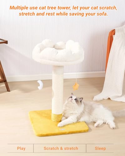 Tall Cat Scratching Post with Large Bed, Thick Posts with Toys | 28" Tall For Large Cats, Easy To Clean, Cloud-Shaped Soft Perch, Removeable Cover, Stable Cat Stand, Bonus Catnip - size: 28" with Scratching Post