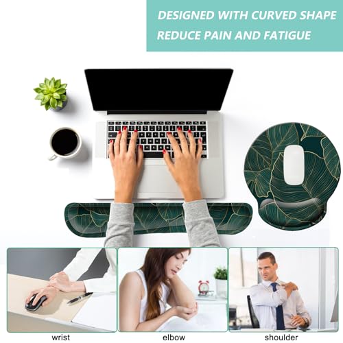 Keyboard Wrist Rest Pad Mouse Pad with Wrist Support Set of 3, Mousepad with Non-Slip Rubber Base, Ergonomic Memory Foam Mouse Wrist Cushion Support for Home Office Laptop Computer, Green Leaves - color: Green Leaves