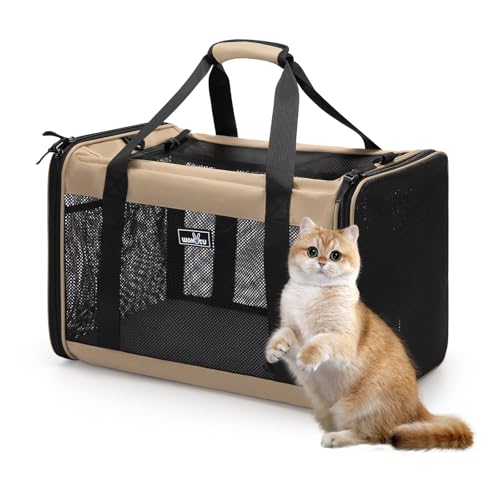 Wakytu Expandable Pet Carrier for Dogs & Cats, Large Travel Bag with 5 Mesh Windows, 2 Entrances, Locking Zippers & Padded Straps,L