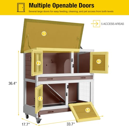 Aivituvin 2-Tier Rabbit Hutch with Tarp Door and Wheels Bunny Cage Indoor Outdoor Guinea Pig Cage Expandable with Pet Playpen 36" L, Brown