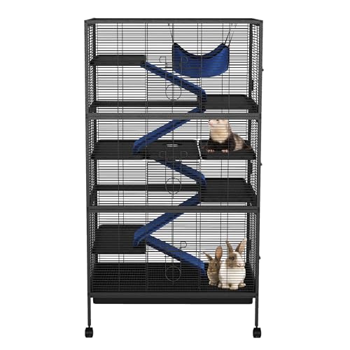 Ferret Cage, 59" H Large Ferret Nation Cage with 5 Removable Ramps, Hammock, Metal Small Animal Cages On Wheels for Chinchillas, Guinea Pigs, Rabbit, Sugar Glider (Black) - color: Black
