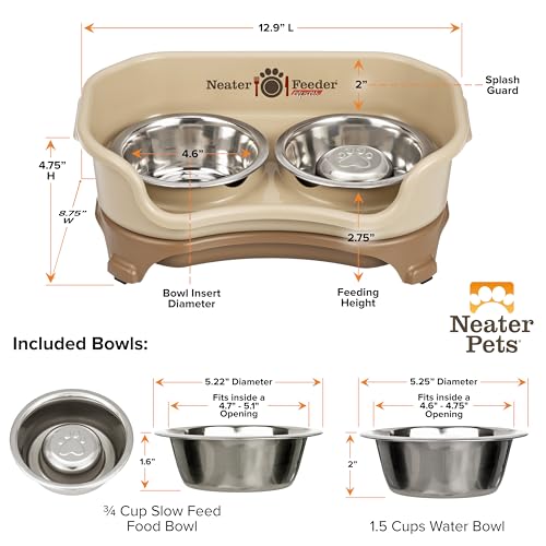 Neater Feeder Express Mess Proof Dog Bowls Elevated for Small Breeds Under 15 Lb, Made in USA, No Spill Raised Dog Food Bowl Stand, Stainless Steel Slow Feed and Standard Water Bowl Set, Cappuccino - color: Cappuccino, size: Small w/ Metal Slow Feed Bowl