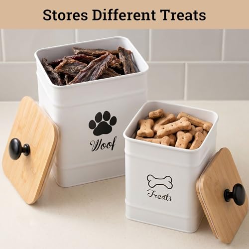 Dog Treat Container Set of 2 with Airtight Bamboo Lids - 8x6 & 7x5 inch | Fits All Popular Treats, Up to 20 Cups Combined Capacity, Airtight Bamboo Lid, Easy Open Lid, Dent-Resistant Durable Metal - color: White - Large
