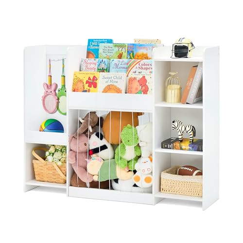 Kids Toy Storage Organizer with Bookshelf, Toy Shelf with 4 Open Cubbies, Clothing/Racket Hanging Hook Area & Stuffed Animal Cage, Large Wooden Organizer Storage Chest for Playroom Bedroom Nursery