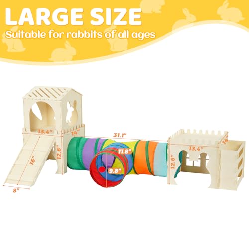 Extra Large Rabbit Hideout, Wooden Bunny Castle with Tunnel and Stair, Rabbit House Tower with Hay Feeder Sturdy Habitat for Guinea Pig Chinchilla Ferret Hamster - color: -Natural -03