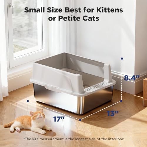 FURTIME 2 Pack Stainless Steel Cat Litter Box with Lid, Metal Kitty Litter Box for Small Cats, Kitten Litter Boxs with Non-Sticky, Anti-Leakage, Easy to Clean, 17"x13"x8.4" (Small) - color: Silver