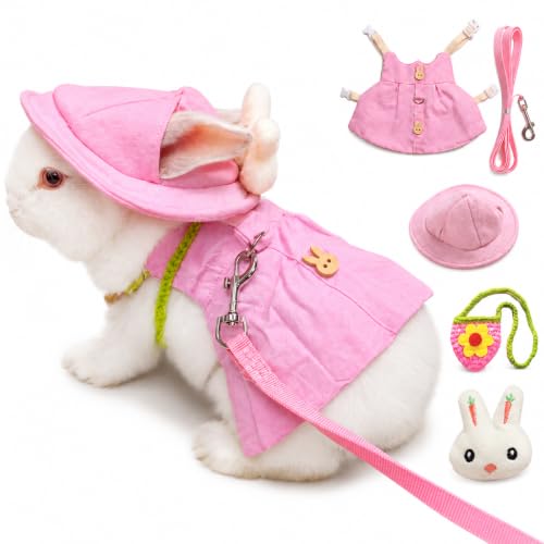 5PCS Rabbit Harness and Leash Set with Dress Hat Bag and Plush Charm for Baby Bunny Guinea Pig Chinchilla, Cute Pink Bunny Clothes Outfit,S,7034-07 - color: Pink, size: S Fits 1.1-2.2lb Baby Bunny Guinea Pig Chinchilla