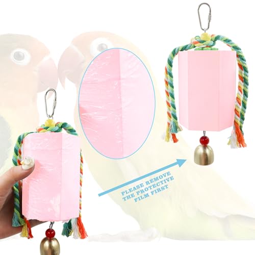 Bird Beak Grinding Stone, Parrot Chew Toys with Bells, Parakeet Toys, Cage Accessories for African Grey, Amazon Parrots, Budgies, Cockatiels, Lovebirds, Conures, Quakers, Small to Medium Birds - color: Pink