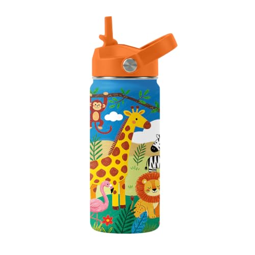 Cartoon Animal 16 oz Water Bottle with Straw –Kids Stainless Steel Vacuum Insulated Cup, Leakproof Straw Lid, Double-Wall Vacuum Travel Mug for Boys and Girls Outdoor Sports - color: Animal2