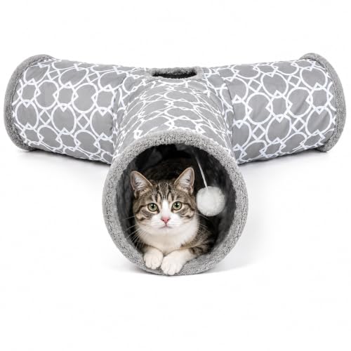 Geometric 3 Way Cat Tunnel with Plush Inside,Cats Toys Collapsible Tunnel Tube with Balls, for Rabbits, Kittens, Ferrets,Puppy and Dogs - size: 3 Way Tunnel