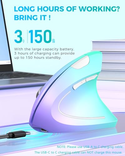 Lekvey Ergonomic Mouse, Rechargeable Vertical Wireless Mouse, Green Purple | USB-C Charging, 2.4G Wireless, 800/1200/1600 DPI, Quiet Clicks, 6 Buttons, Carpal Tunnel Mouse, for Laptop, PC, Computer, Mac - color: Green and Purple