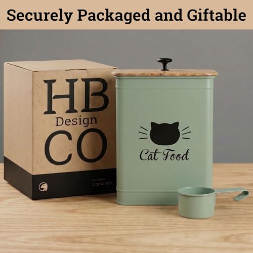 Metal Cat Food Container with Scoop 5-7 lb (25 Cup), w/ Airtight Bamboo Lid | Cat Kibble Canister with Metal Scoop, 25 Cups, Chew Proof Iron Body, Powder Coated, Airtight Bamboo Lid, Sturdy Metal Handle - color: Sage Green