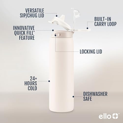 Ello Pop & Fill Insulated Stainless Steel Water Bottle with Quick Fill Lid, Leakproof Locking, Sip or Chug Spout, BPA-Free, Double Wall Vacuum Insulated for Sports, Travel & School- 22oz / 32oz / 40oz - color: Tonal Cream, style: 22oz