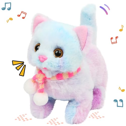 Easfan Rainbow Walking Kitty Cat Interactive Plush Toy Gift for Kids 7.5" | Meowing Tail wagging head nodding, animated kitten pet, birthday holiday gift, for toddlers - style: Rainbow Cat