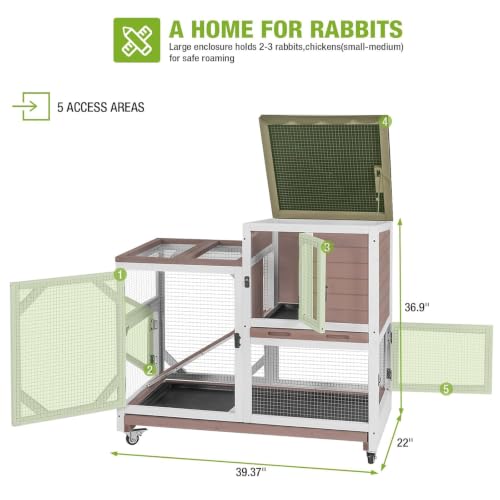 GUTINNEEN Rabbit Hutch Indoor Rabbit Cage with Wheels Outdoor Bunny House 2 Story Guinea Pig Cage with Leakproof Tarp Roof (Brown) - color: Brown