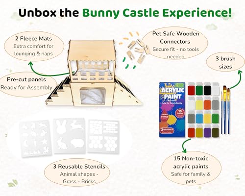 OtterPets XL Bunny Hideout, Rabbit Castle with Fleece Mats & DIY Paint Kit | Pet-safe wood joints (no rubber bands), rabbit hideout made of safe wood, bunny house indoor; chinchilla and guinea pig safe - color: DIY Paint Kit