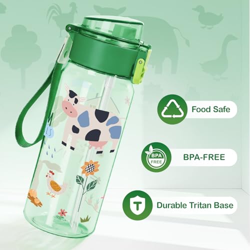 Tritan Kids Water Bottle for School, 18.6 Oz Leakproof Toddler Water Bottle | with a Pop-up Detachbale Straw, 2-in-1, Dishwasher Safe, 1-Pack, Farm Animals - color: Farm Animals