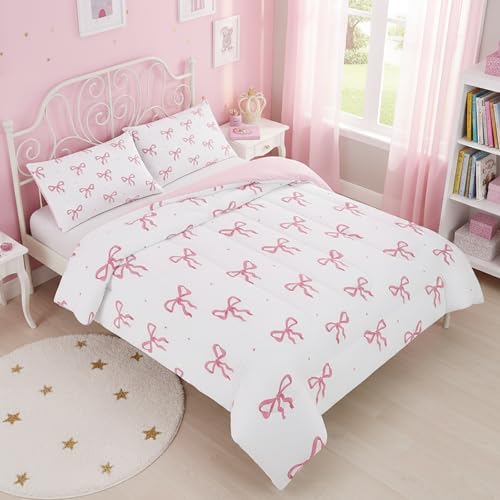 QOOMO Pink Bow Comforter Set Twin,Bowknot Bedding Set for Kids | 3Pcs Bedding Set Printed Comforter with 2 Pillowcases,Soft Microfiber,Lightweight and Comfortable,for All seasons - color: Bow 3, size: Twin