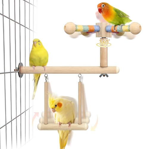 Bird Perch & Swing Toy Combo, Bird Toys for Parrots with 360° Spin Function, Hanging Parakeet Swing Birds Cage Accessories Toys, Multi-functional Wooden Birds Activity Gym for Cockatiel Lovebird