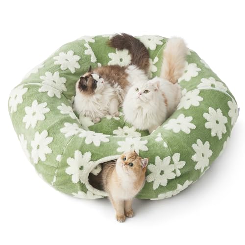 Lesure Donut Cute Jacquard Large Cat Tunnel Bed Kitten Toys for Dog Bunny | 39.5x39.5x10in,Round Large Cat Bed Tube for Multi Kittens,Pet Peekaboo Cave Toy,Spiral Hideaway,Washable Cushion,Green - color: Flower Garden Green, size: large (39.5"L x 39.5"W x