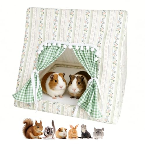 Guinea Pig Bunny Hideout with Cute Curtain,Small Animal Hideout for Rabbit Hamsters Squirrel Ferrets Chinchilla and Rats,Machine Washable Guinea Pig Hide Tent Houses(Large,No Mat)