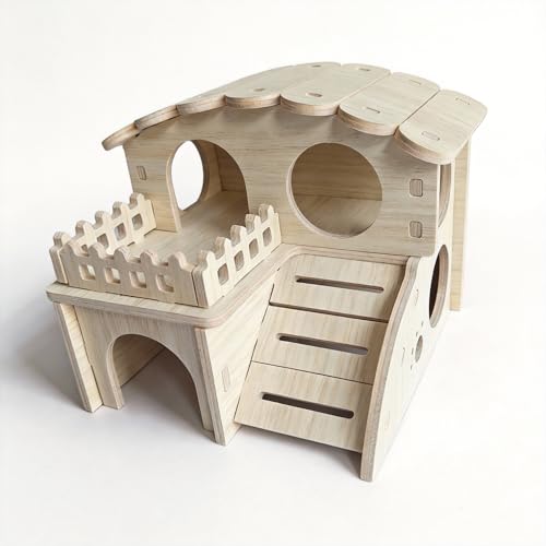 Multi-Chamber Wooden Hamster Hideout, House and Cage Accessory, Model 2 | Natural wood retreat for dwarf hamsters, gerbils and mice, with multiple chambers, openings and ventilation holes.