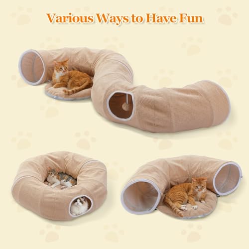 PEQULTI Cat Donut Tunnel with Bed for Indoor Cats, Cat Play Tunnel with Washable Soft Plush Mat, Round Tube Toys Cute Tube for Kittens, Puppies, Rabbits and Ferrets, Beige - color: New Beige