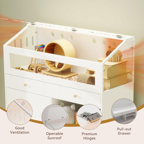 Hamster Cage with Storage Cabinet, Small Animal Habitat – Furniture-Style Enclosure with Built-in LED Light & Acrylic Panels for Hamsters, Guinea Pigs, Rabbits