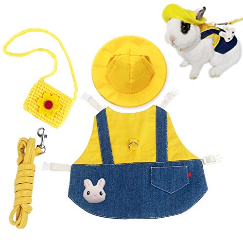 Guinea Pig Clothes,Soft Bunny Ferret Clothes with Pet Rabbit Harness and Leash Mini Hat Bag Cute Brooch for Kitten Small Animal Collars - color: ADenimYellow, size: Medium