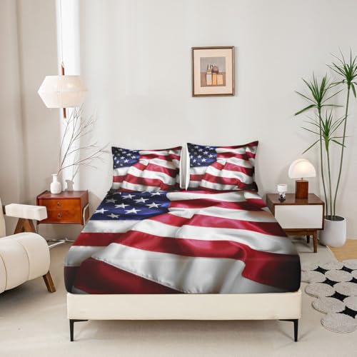 Erosebridal United States Sheet Set Teens American Flag Fitted Sheet Full, Blue Red Bedding Set Geometric Stripes Bed Sheet with Deep Pocket, 4 Pcs with 1 Fitted Sheet, 1 Flat Sheet, 2 Pillow Cases - color: Style 18, size: Full