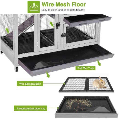 GUTINNEEN Rabbit Hutch Indoor Rabbit Cage with Wire Mesh Floor and Wheels Outdoor Bunny House 2 Story Guinea Pig Cage with Leakproof Asphalt Roof (Higher Version)