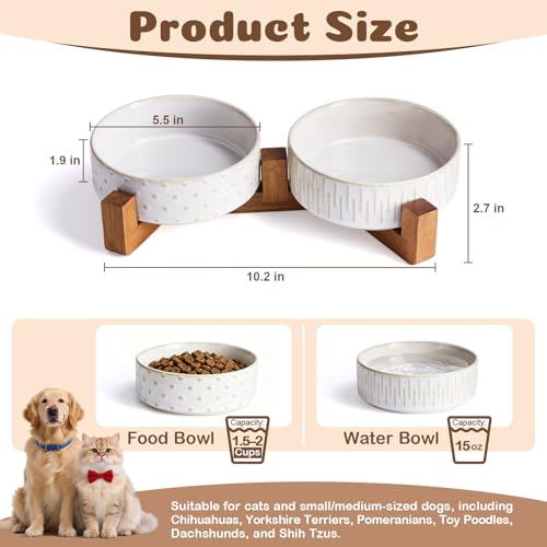 Ceramic Dog Bowl Set with Acacia Wood Stand, Ceramic Pet Bowls | 1.5–2 Cups Food & 15oz Water, Lead-Free, Smooth Glaze with Non-Slip Base for Cats and Small Dogs
