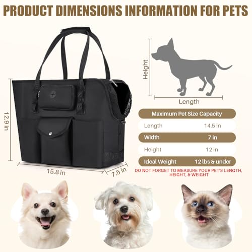 SlowTon Dog Purse Carrier - Portable Dog Carrier with Pockets & Safety Leash for Small Dogs Under 12 lbs, Breathable Pet Tote Bag for Cat Rabbit Outing, Travel, Vet (Black)
