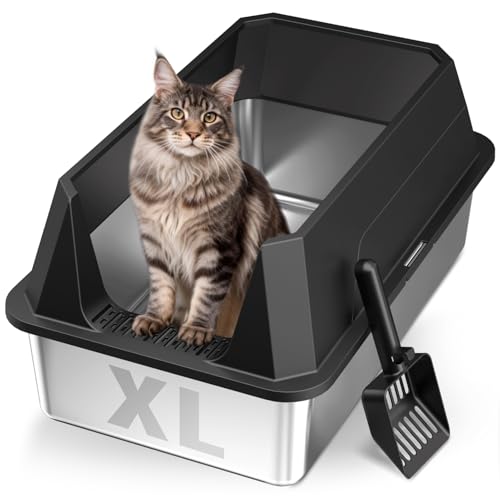 Stainless Steel Litter Box with High Sides, XL | High Sided Cat Litter Pan, Open Top Extra Large Metal Cat Litter Box, Non-Stick, Odor Free, Leakproof, Scoop Included,Black - color: Black