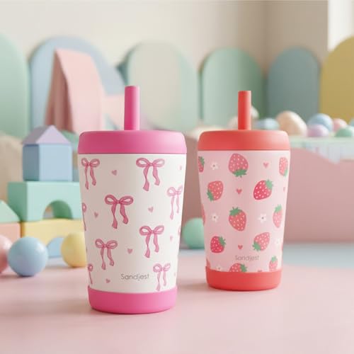 SANDJEST Kids nsulated Stainless Steel Tumbler with Silicone Straw, 12 Ounces, Pack of 2 for Boys, Birthday Back to School (Bow + Strawberry) - color: Bow + Strawberry