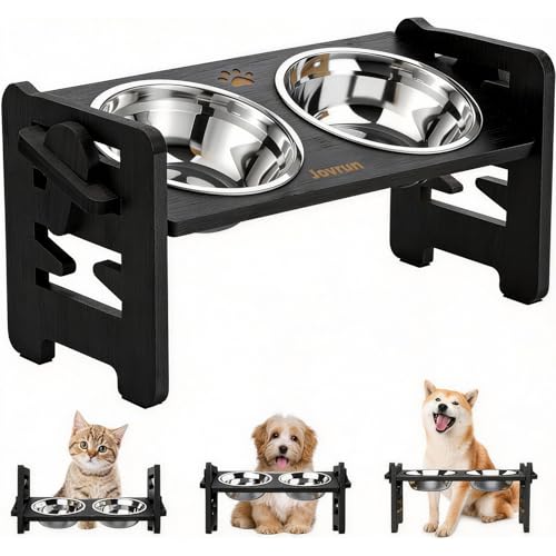 Jovrun Elevated Dog Bowls, Adjustable Raised Dog Bowl Stand for Small Size Dogs and Cats, 15°Tilted Elevated Cat Bowls, Durable Bamboo Dogs Feeder with 2 Stainless Steel Bowls and Non-Slip Feet - color: Black Spray Paint, size: 2″-7″For Small Dogs and Cat