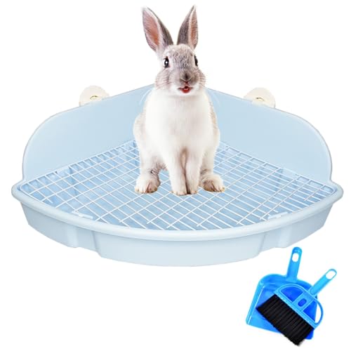 PINVNBY Extra Large Corner Litter Box for Rabbits, Guinea Pigs, Ferrets | 18.3" Fan-Shaped Potty Trainer with Anti-Spill Guard, Durable Plastic & Cage Clips | Easy-Clean Small Animal Toilet Pan (Blue) - color: Blue