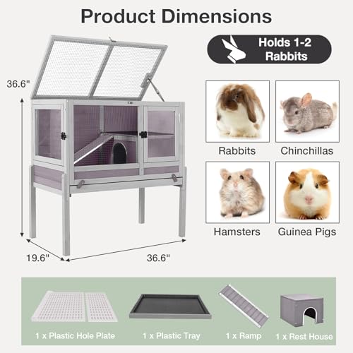 Guinea Pig Cage with Wooden Stand - Hamster Cage, Small Animal Cage Anti Chew Ramp, Hideout, Platform, Pull Out Tray (Grey, L) - color: Grey