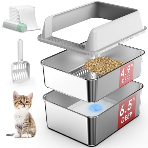 Suzzipaws Enclosed Stainless Steel Sifting Litter Box for Pine Pellets | 17.3”×13.4”×10.5” Stainless Steel Litter Box with Lid, Low Entry for Kittens & Small Cats, Anti-Leakage, Easy Cleaning