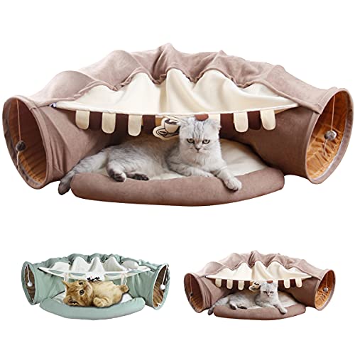 LEFTSTARER 2-in-1 Collapsible Cat Tunnel for Indoor Bed and Hideout - Pet Dog Rabbit Bunny Ferret Tunnel Tubes Toys with Removable Washable Mat, Tower Wheel Stuff - color: 2.Coffee