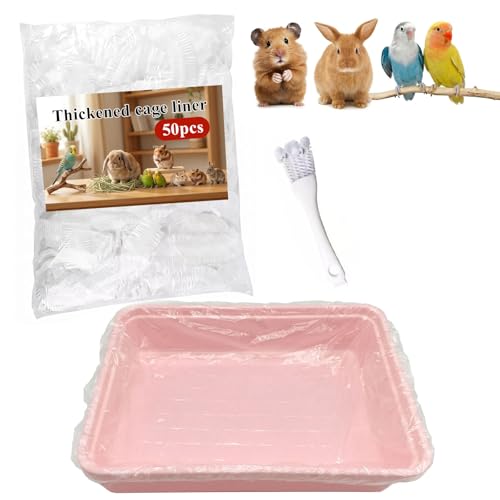 50 Pcs Disposable Small Animal Cage Liners - Clear Plastic Rabbit & Bird Cage Liners, Leakproof Guinea Pig Pet Tray Film with Hangable Cleaning Brush (23''-50P) - size: L+W<23''