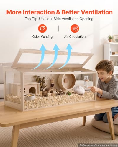 VEVOR Wooden Hamster Cage 48"x20.1"x20.1" 270° Viewing Hamster Habitat, Chewproof Acrylic Small Animal Cage with Openable Top, Large Pet Enclosure for Syrian/Dwarf Hamsters, Guinea Pigs & Gerbils - size: 48.0"L x 20.1"W x 20.1"H