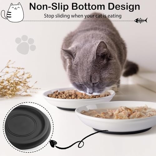 WROSWT Cat Food Bowl,Healthy Ceramic Cat Bowls for Indoor Cats,Anti Whisker Fatigue Cats Dishes Set,Shallow Wide Kitten Plates for Food and Water,Non-Slip Silicone Bottom,3 Pack - size: Shallower-3 Pack