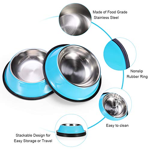 Stainless Steel Dog Bowls, Food and Water Non Slip Anti Skid Stackable Pet Puppy Dishes for Small, Medium and Large Dogs (2 Pack) - color: Blue, size: 3¾ Cup/30 oz