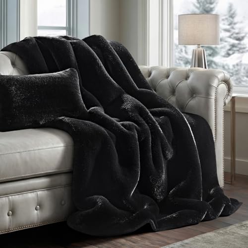 EVERGRACEHOME Faux Chinchilla Fur Throw Blanket, 50"x60", Black Noir Mink | Luxury, Super Soft, 1220GSM, Fluffy Cozy Mink, Reversible Velvet Back, Warm Thick Heavy Winter Throw for Couch Bed, Gift - color: Black Noir Mink, size: 50"x60"